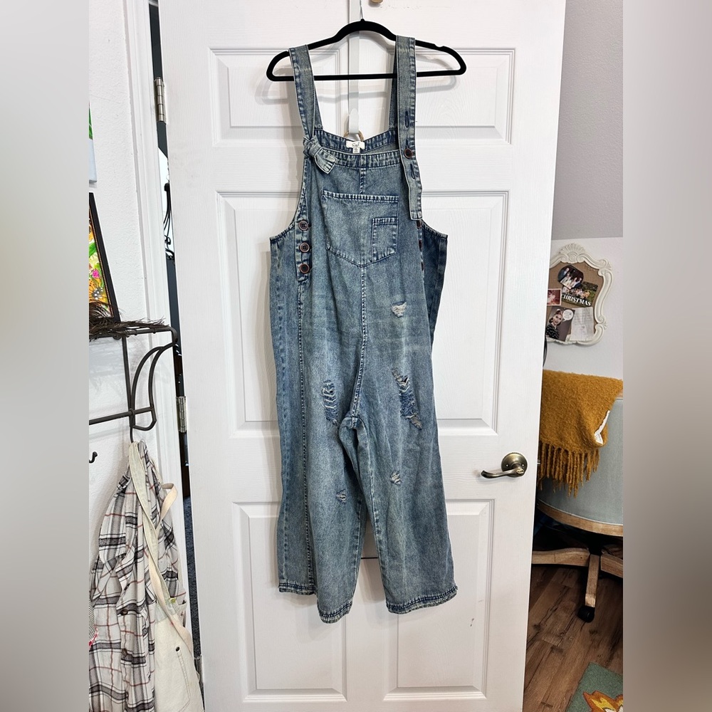 Easel Blue Distressed Denim Overalls